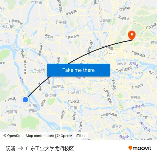 阮涌 to 广东工业大学龙洞校区 map