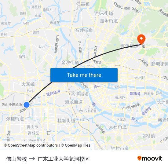 佛山警校 to 广东工业大学龙洞校区 map