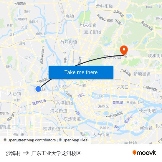 沙海村 to 广东工业大学龙洞校区 map