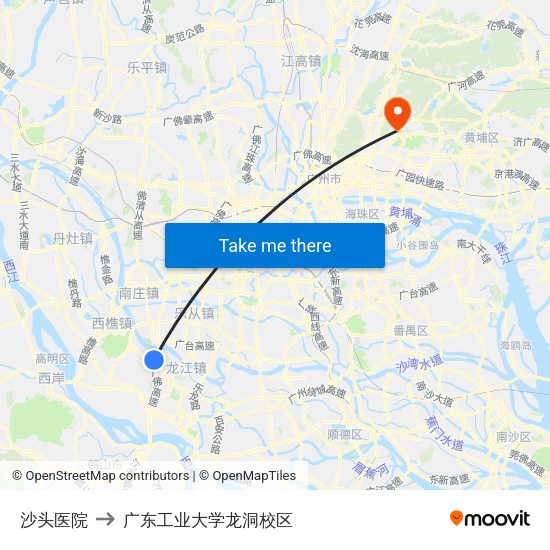 沙头医院 to 广东工业大学龙洞校区 map