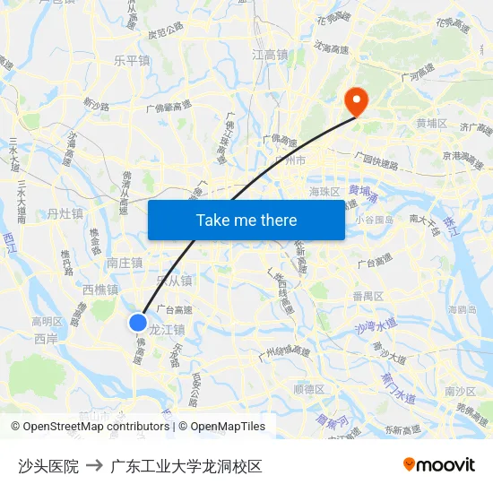 沙头医院 to 广东工业大学龙洞校区 map