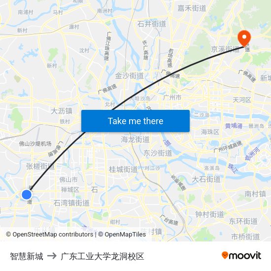 智慧新城 to 广东工业大学龙洞校区 map