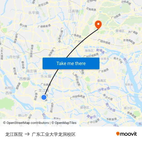 龙江医院 to 广东工业大学龙洞校区 map