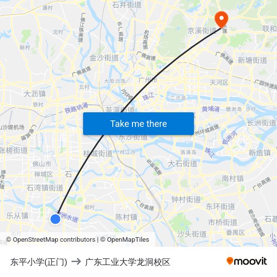 东平小学(正门) to 广东工业大学龙洞校区 map