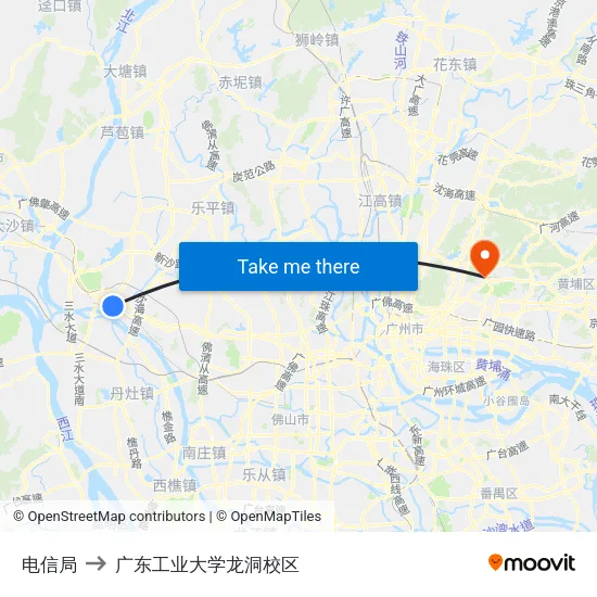 电信局 to 广东工业大学龙洞校区 map