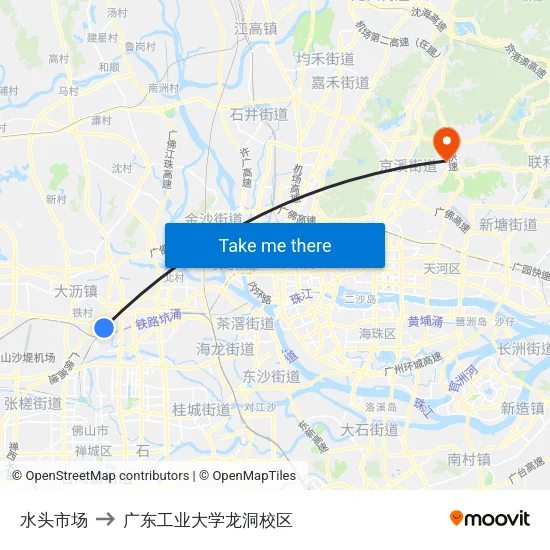 水头市场 to 广东工业大学龙洞校区 map