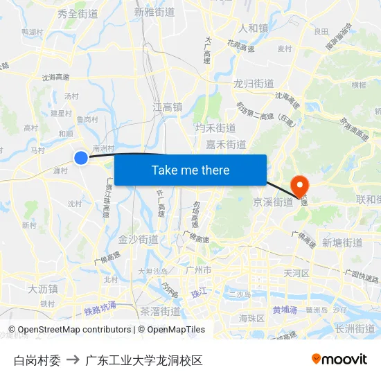 白岗村委 to 广东工业大学龙洞校区 map