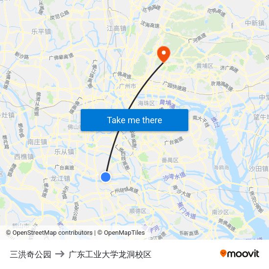 三洪奇公园 to 广东工业大学龙洞校区 map