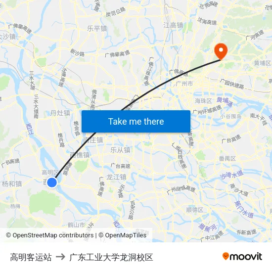 高明客运站 to 广东工业大学龙洞校区 map