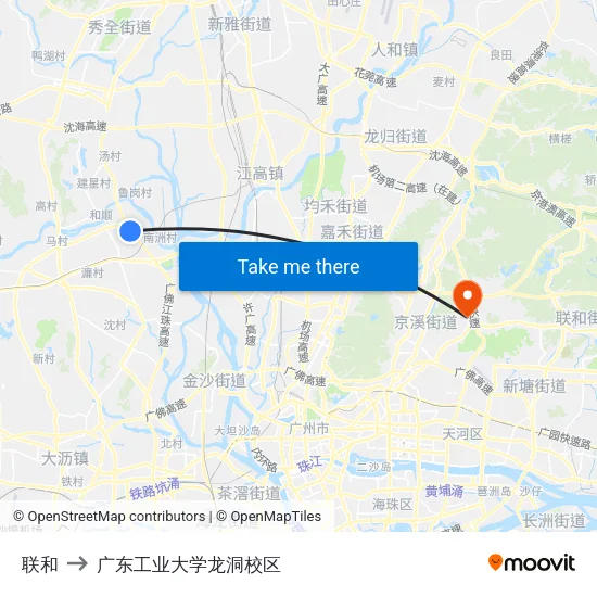 联和 to 广东工业大学龙洞校区 map