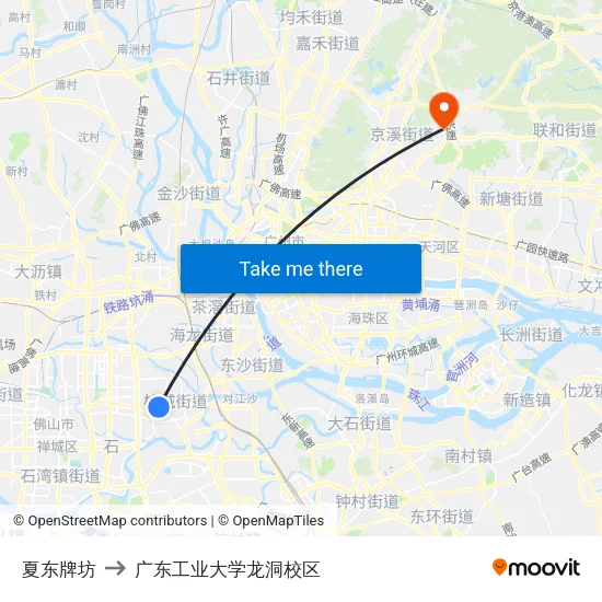 夏东牌坊 to 广东工业大学龙洞校区 map