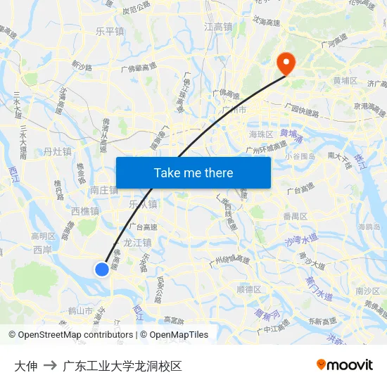 大伸 to 广东工业大学龙洞校区 map
