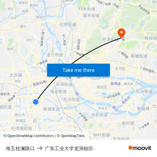 海五桂澜路口 to 广东工业大学龙洞校区 map