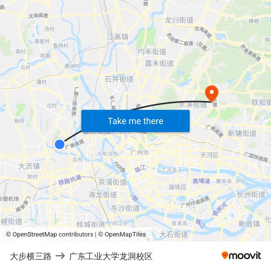 大步横三路 to 广东工业大学龙洞校区 map