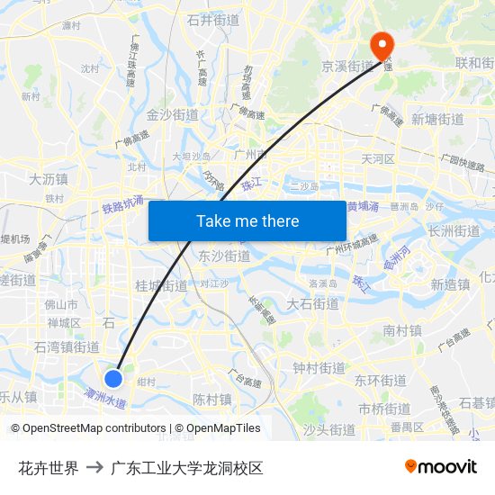 花卉世界 to 广东工业大学龙洞校区 map