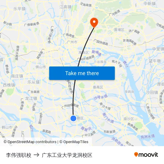 李伟强职校 to 广东工业大学龙洞校区 map