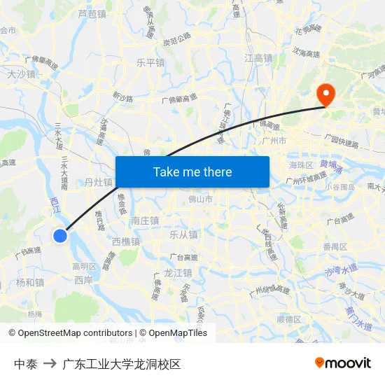 中泰 to 广东工业大学龙洞校区 map