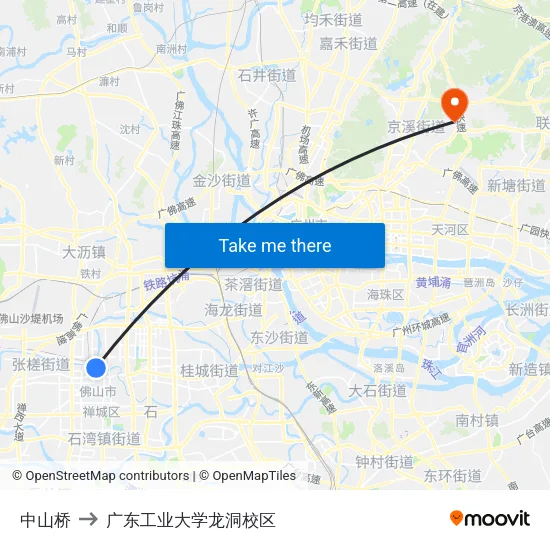 中山桥 to 广东工业大学龙洞校区 map