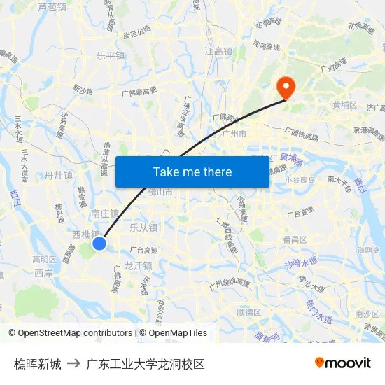 樵晖新城 to 广东工业大学龙洞校区 map