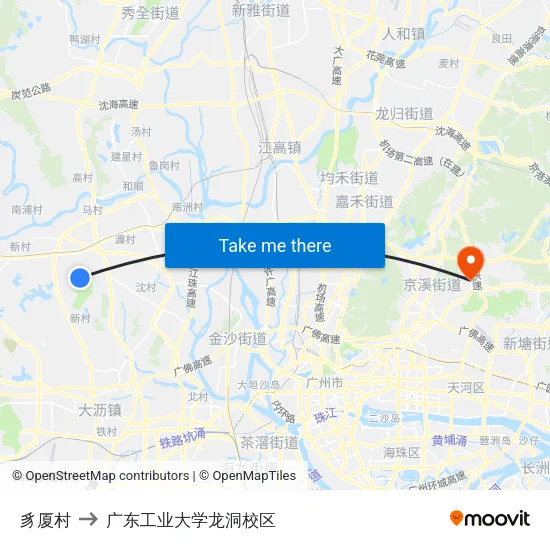 豸厦村 to 广东工业大学龙洞校区 map