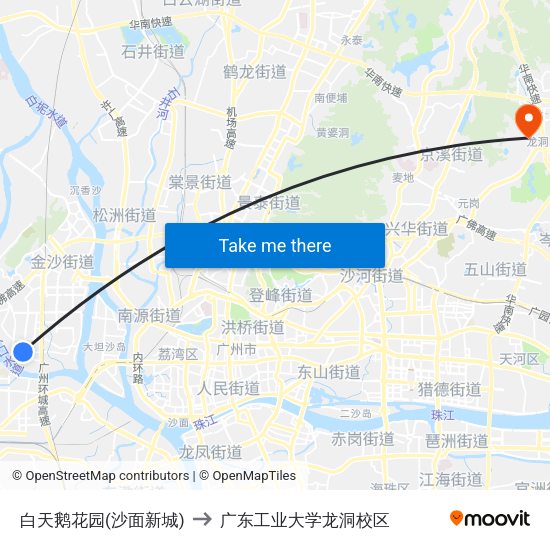 白天鹅花园(沙面新城) to 广东工业大学龙洞校区 map