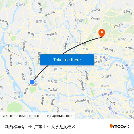 新西樵车站 to 广东工业大学龙洞校区 map