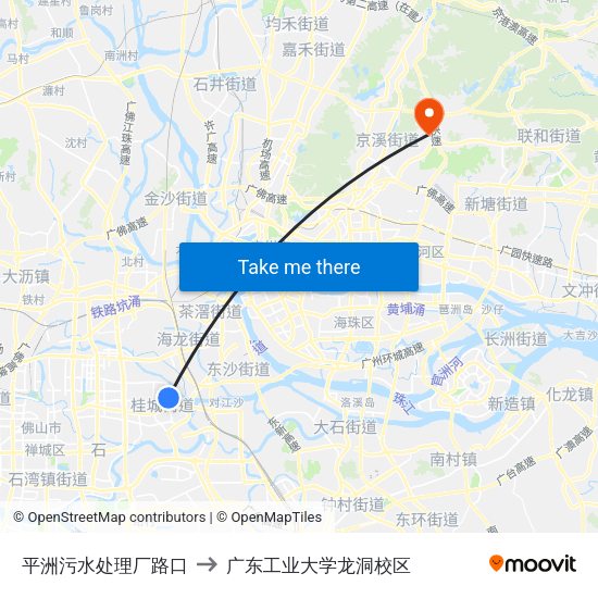 平洲污水处理厂路口 to 广东工业大学龙洞校区 map
