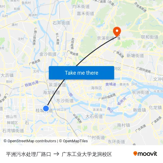平洲污水处理厂路口 to 广东工业大学龙洞校区 map