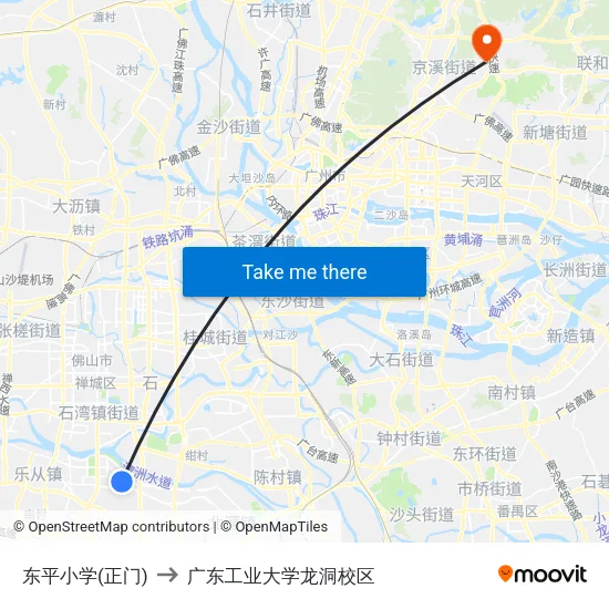 东平小学(正门) to 广东工业大学龙洞校区 map