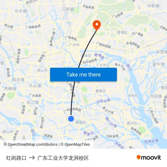 红岗路口 to 广东工业大学龙洞校区 map