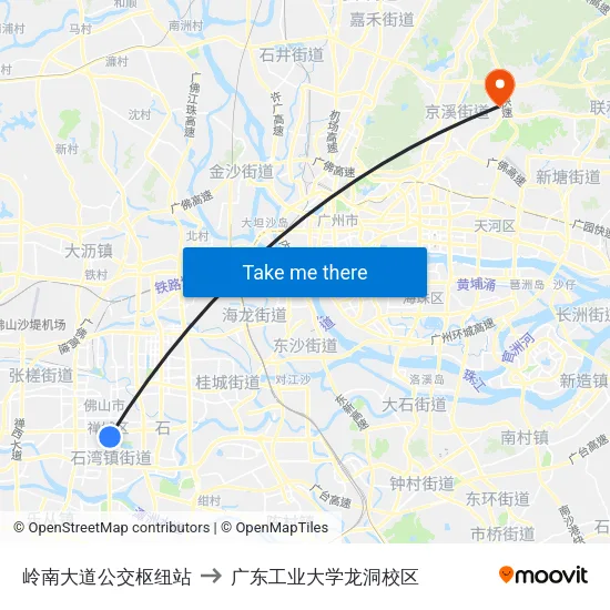 岭南大道公交枢纽站 to 广东工业大学龙洞校区 map