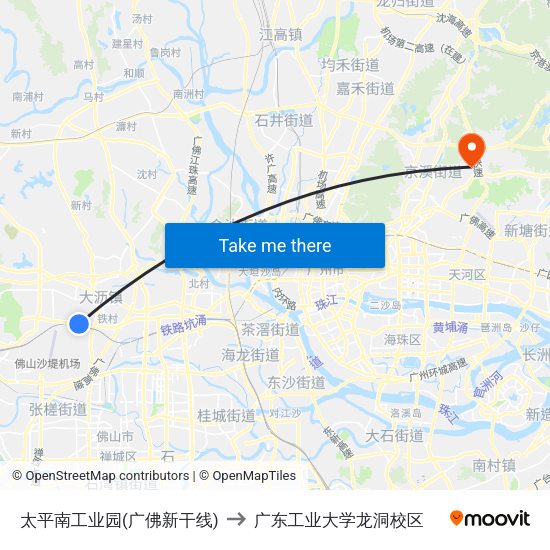 太平南工业园(广佛新干线) to 广东工业大学龙洞校区 map