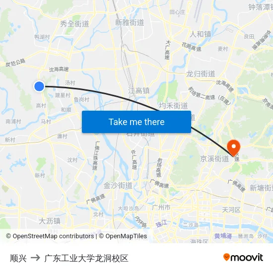 顺兴 to 广东工业大学龙洞校区 map