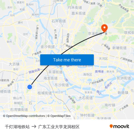 千灯湖地铁站 to 广东工业大学龙洞校区 map