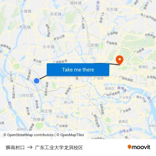 狮南村口 to 广东工业大学龙洞校区 map