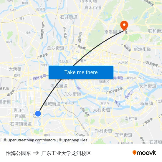 怡海公园东 to 广东工业大学龙洞校区 map