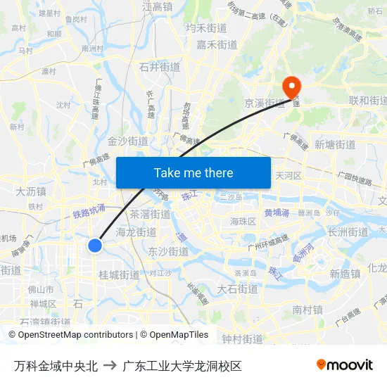 万科金域中央北 to 广东工业大学龙洞校区 map