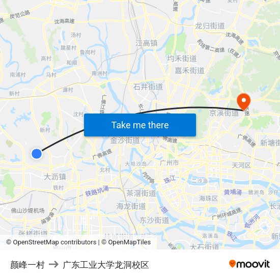 颜峰一村 to 广东工业大学龙洞校区 map