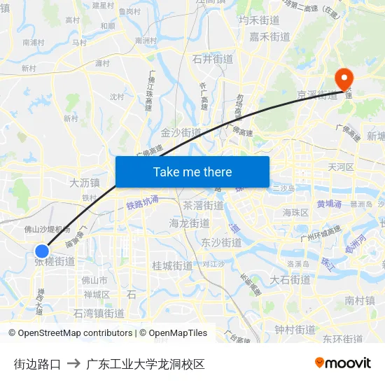 街边路口 to 广东工业大学龙洞校区 map