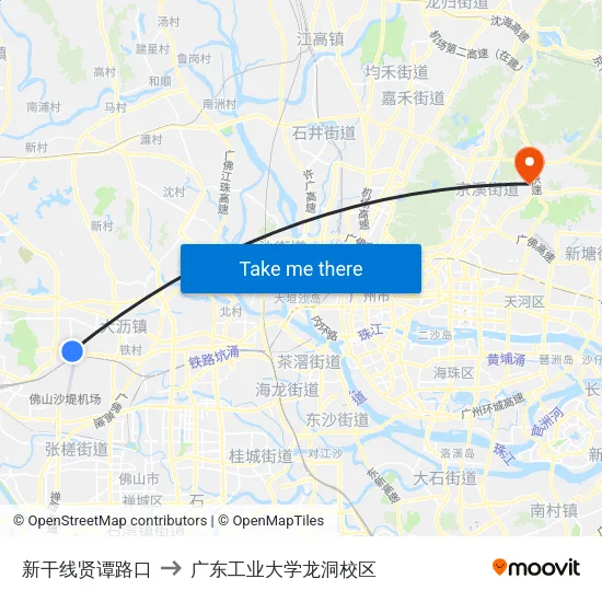 新干线贤谭路口 to 广东工业大学龙洞校区 map