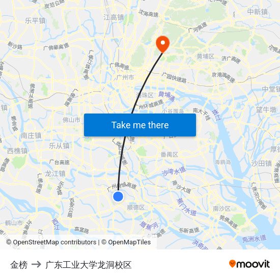 金榜 to 广东工业大学龙洞校区 map