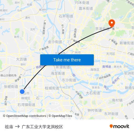 祖庙 to 广东工业大学龙洞校区 map