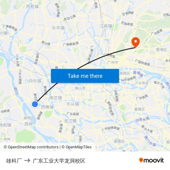 雄科厂 to 广东工业大学龙洞校区 map