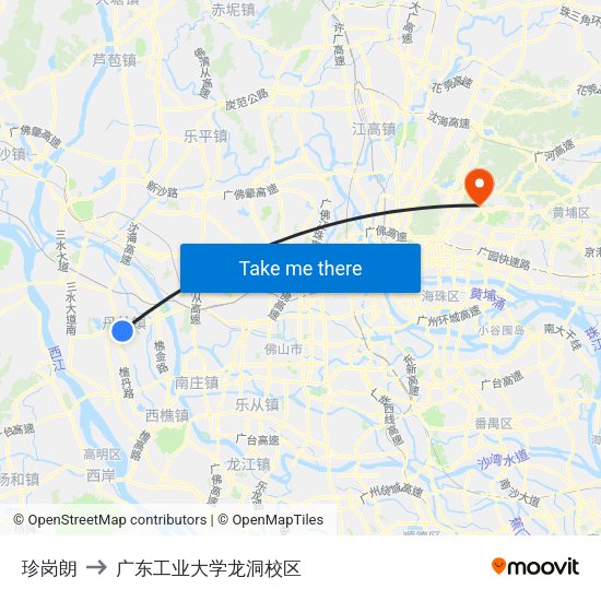 珍岗朗 to 广东工业大学龙洞校区 map