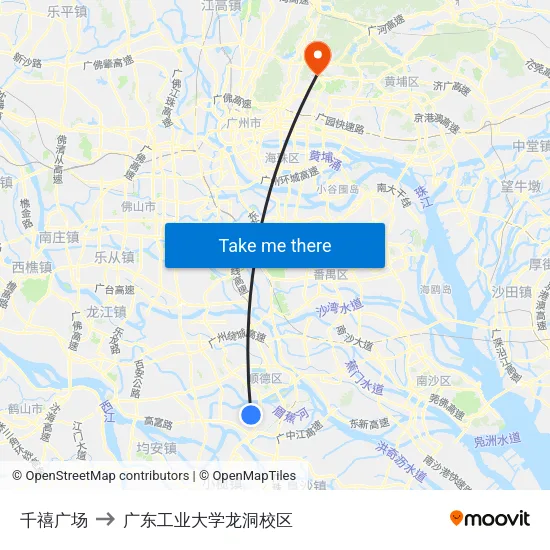 千禧广场 to 广东工业大学龙洞校区 map