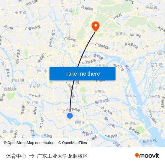 体育中心 to 广东工业大学龙洞校区 map