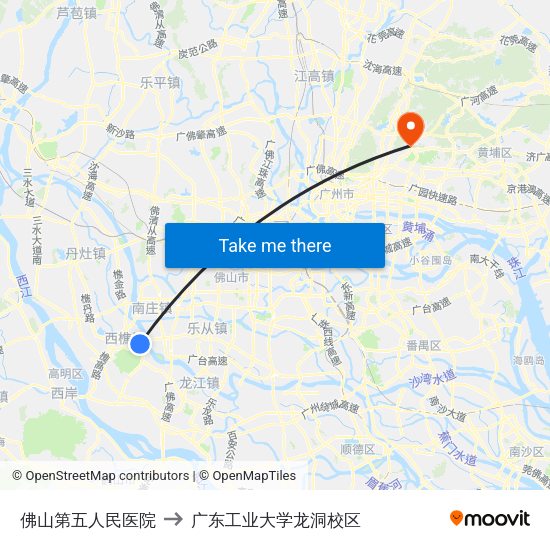 佛山第五人民医院 to 广东工业大学龙洞校区 map
