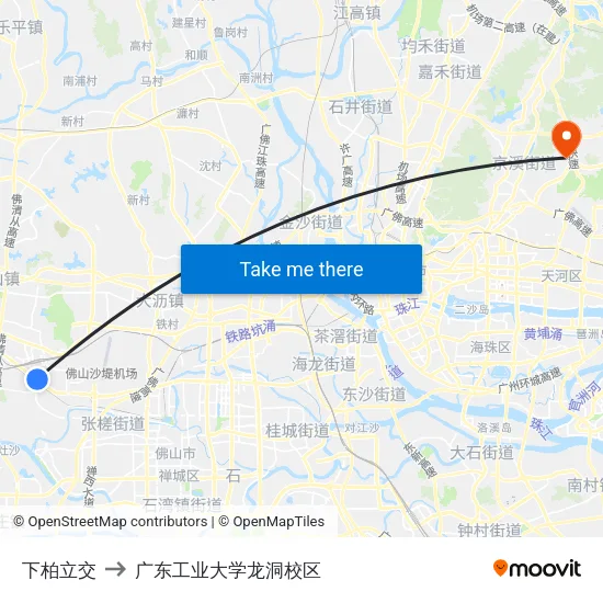下柏立交 to 广东工业大学龙洞校区 map