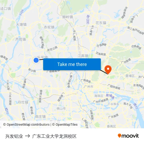 兴发铝业 to 广东工业大学龙洞校区 map