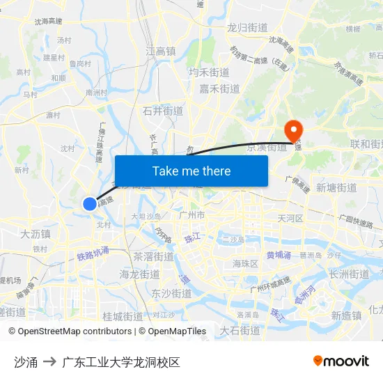 沙涌 to 广东工业大学龙洞校区 map
